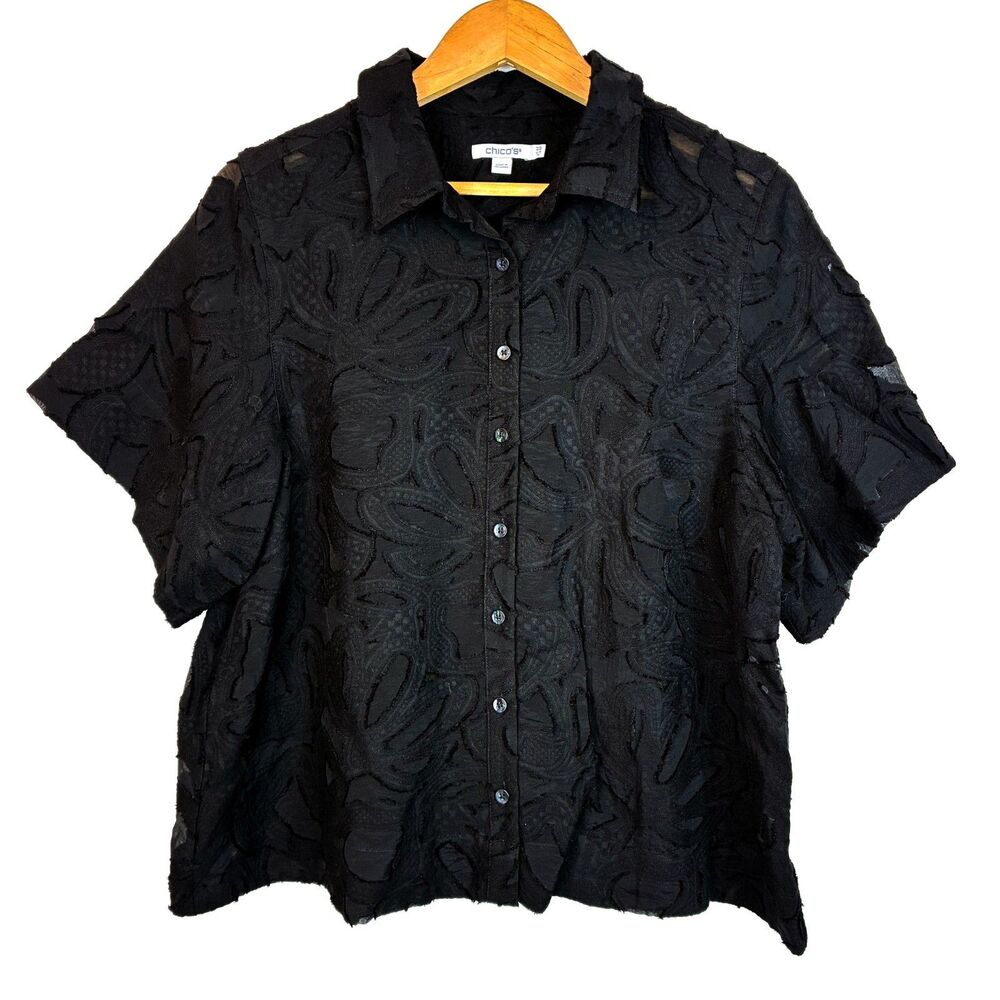 Chico’s Button Shirt Womens 14 Black Burnout Sheer Floral Textured Short Sleeve